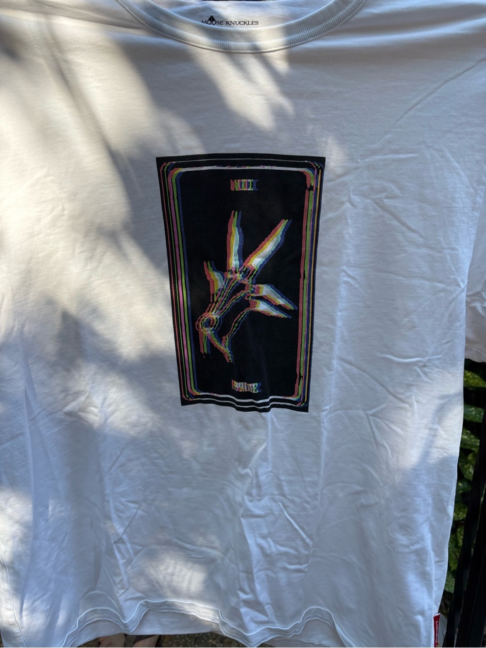 Moose Knuckles White Short-Sleeve Tee with Multicolor Skeletal Hand Graphic